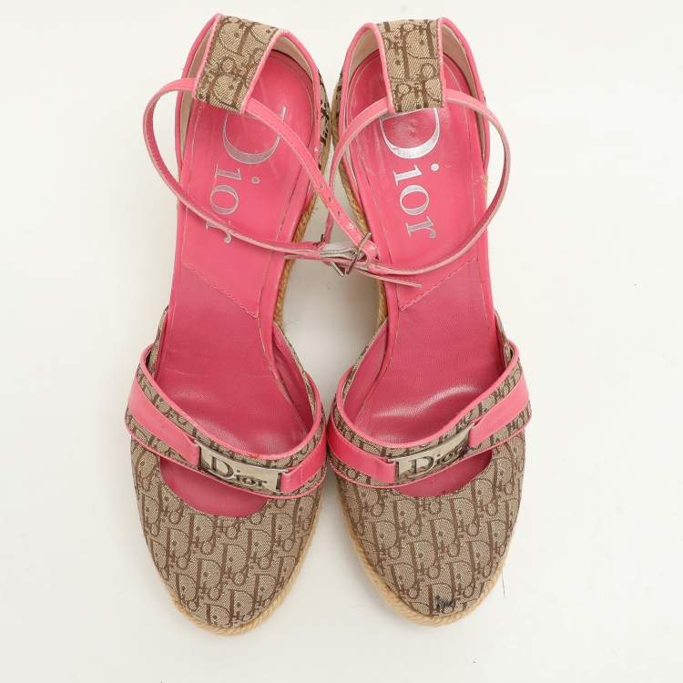 Pre Owned Dior Beige/Pink Canvas and Leather Wedge Espadrille Sandals Size 39