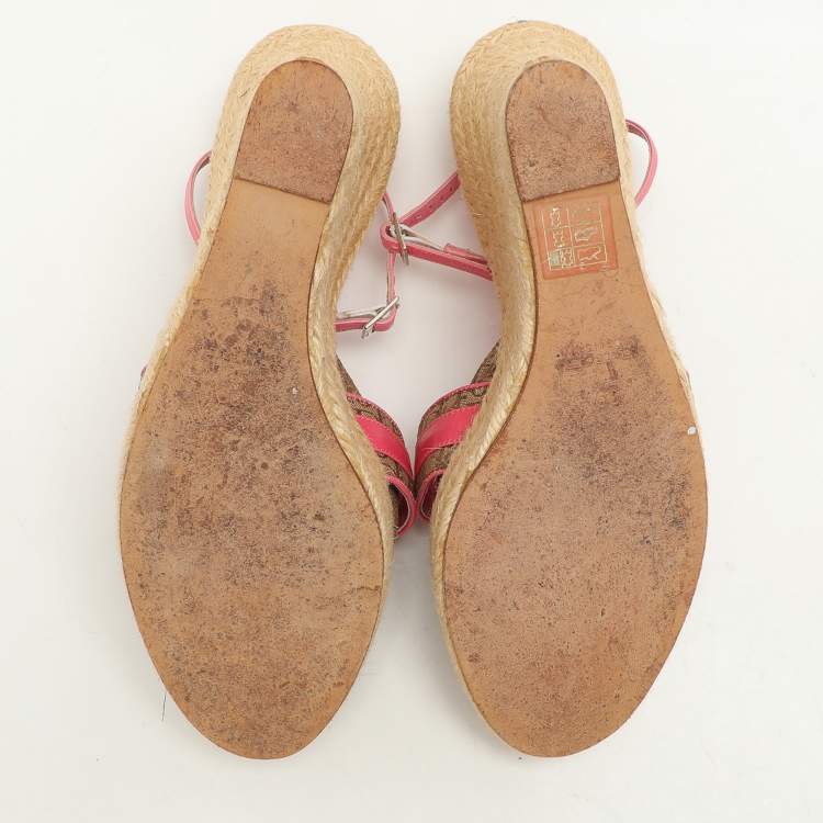 Pre Owned Dior Beige/Pink Canvas and Leather Wedge Espadrille Sandals Size 39