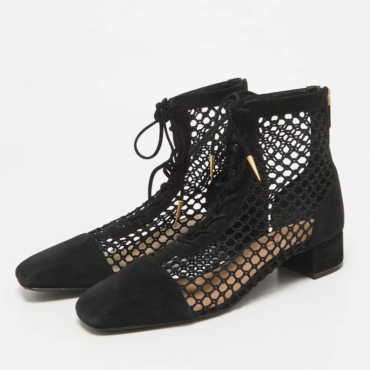 Pre Owned Dior Black Mesh and Suede Naughtily D Ankle Boots Size 37