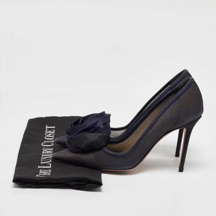 Pre Owned Dior Navy Blue Mesh and Satin Trim Rosette Pointed Toe Pumps Size 39
