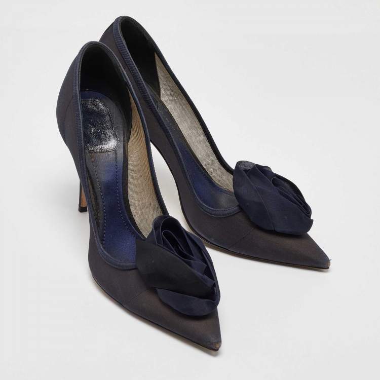 Pre Owned Dior Navy Blue Mesh and Satin Trim Rosette Pointed Toe Pumps Size 39