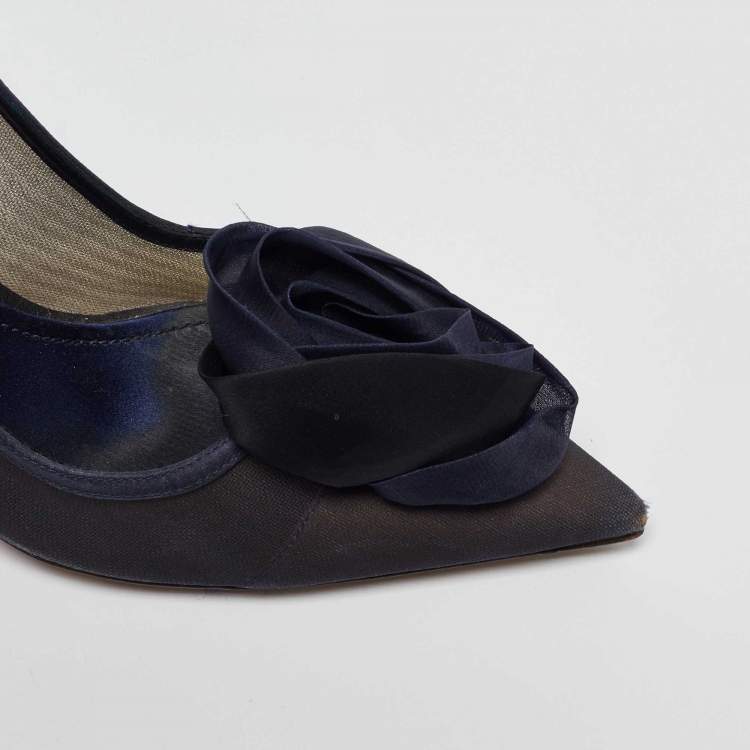 Pre Owned Dior Navy Blue Mesh and Satin Trim Rosette Pointed Toe Pumps Size 39