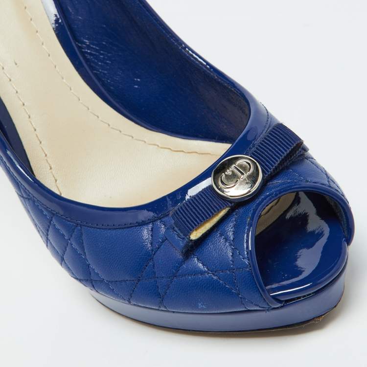 Pre Owned Dior Blue Cannage Leather and Patent Bow Peep Toe Platform Pumps Size 39