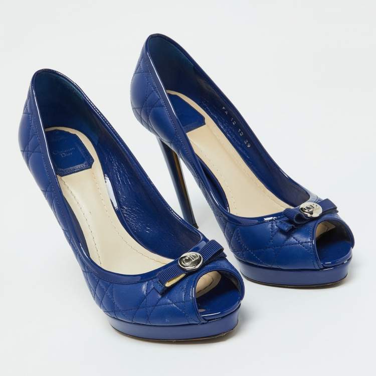 Pre Owned Dior Blue Cannage Leather and Patent Bow Peep Toe Platform Pumps Size 39