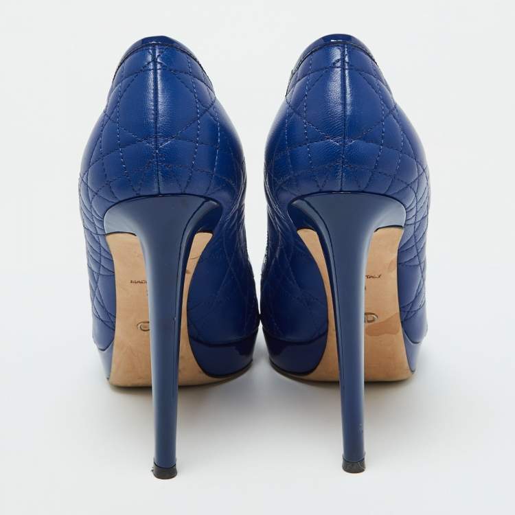 Pre Owned Dior Blue Cannage Leather and Patent Bow Peep Toe Platform Pumps Size 39
