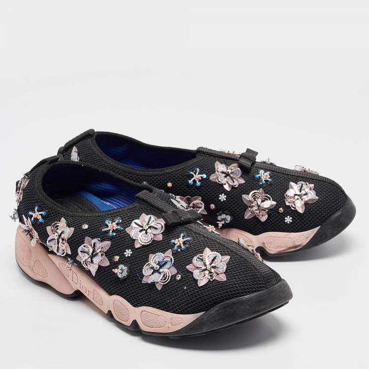Pre Owned Dior Black Mesh Fusion Floral Embellished Sneakers Size 38