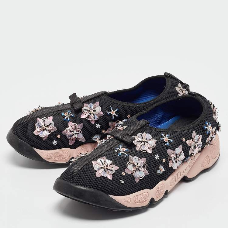 Pre Owned Dior Black Mesh Fusion Floral Embellished Sneakers Size 38