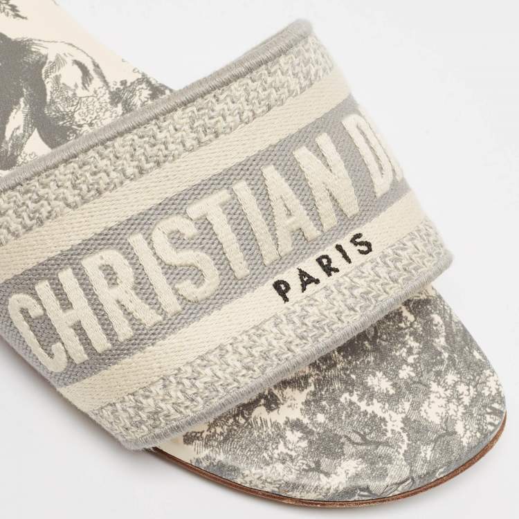 Pre Owned Dior Grey/White Embroidered Canvas Dway Flat Slides Size 38