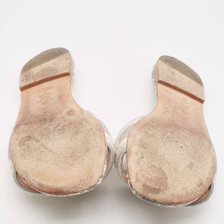 Pre Owned Dior Grey/White Embroidered Canvas Dway Flat Slides Size 38