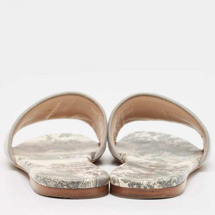 Pre Owned Dior Grey/White Embroidered Canvas Dway Flat Slides Size 38