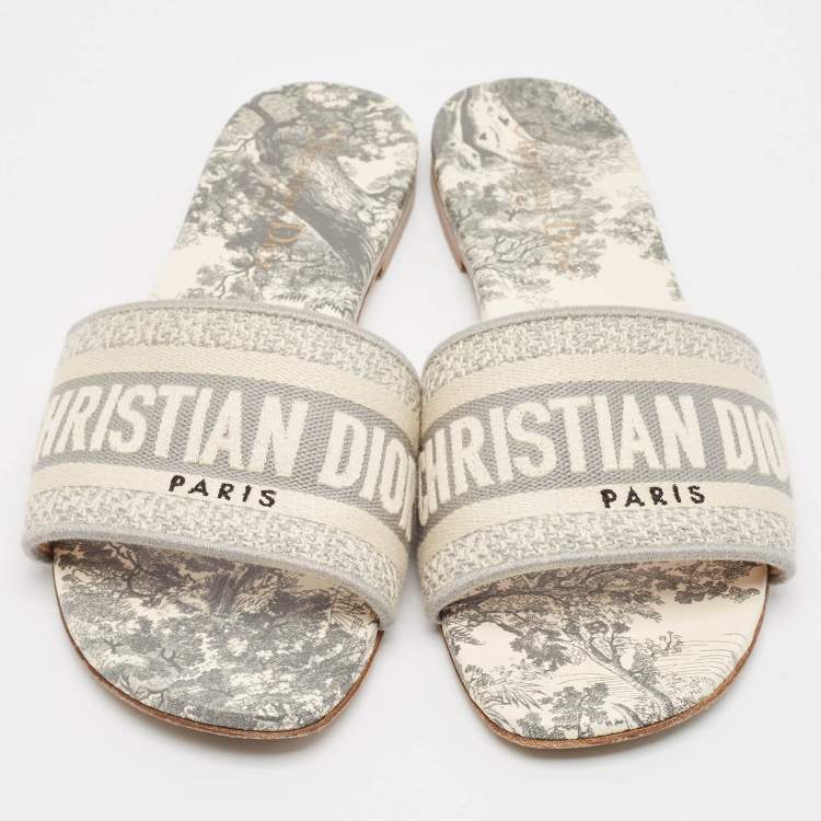Pre Owned Dior Grey/White Embroidered Canvas Dway Flat Slides Size 38