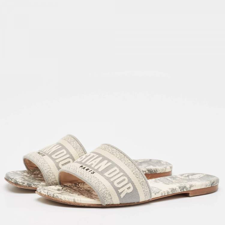 Pre Owned Dior Grey/White Embroidered Canvas Dway Flat Slides Size 38
