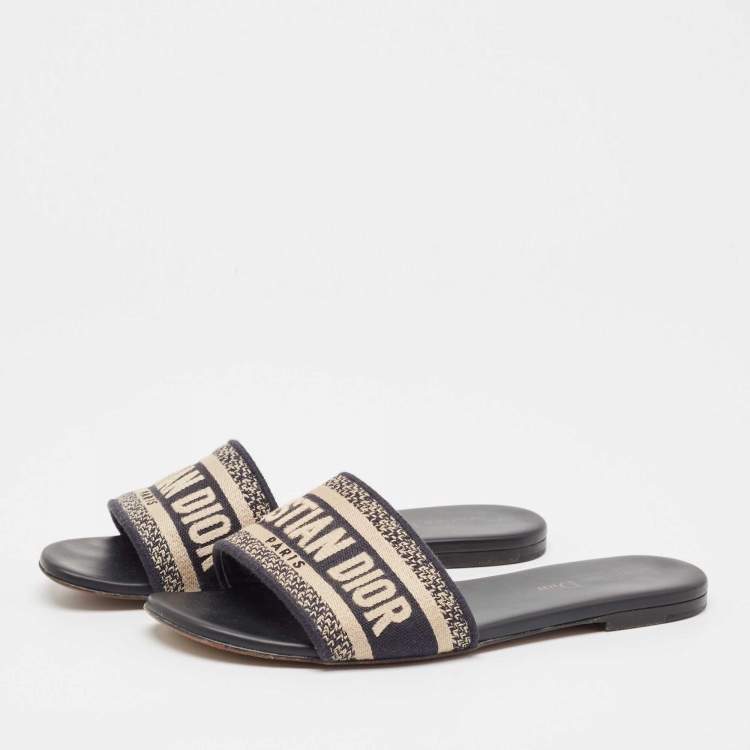 Pre Owned Dior Navy Blue/White Embroidered Canvas Dway Flat Slides Size 38