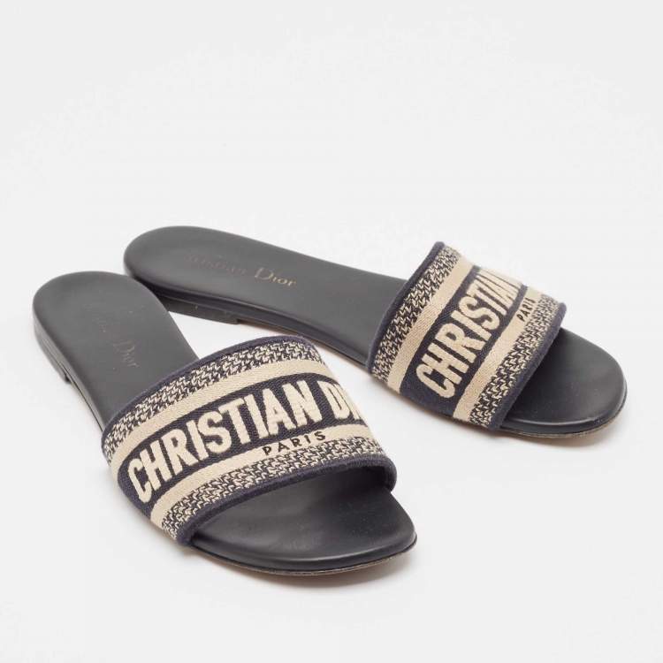 Pre Owned Dior Navy Blue/White Embroidered Canvas Dway Flat Slides Size 38
