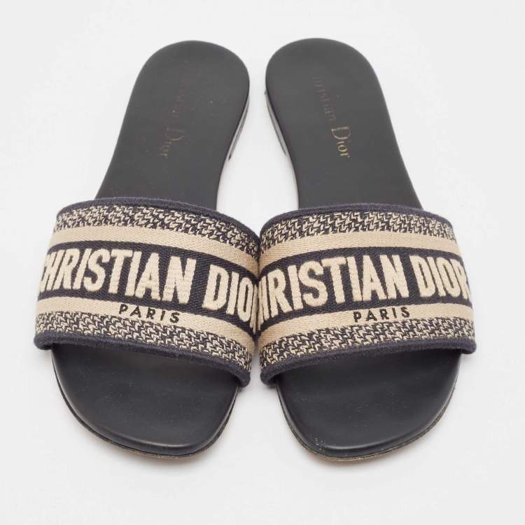 Pre Owned Dior Navy Blue/White Embroidered Canvas Dway Flat Slides Size 38