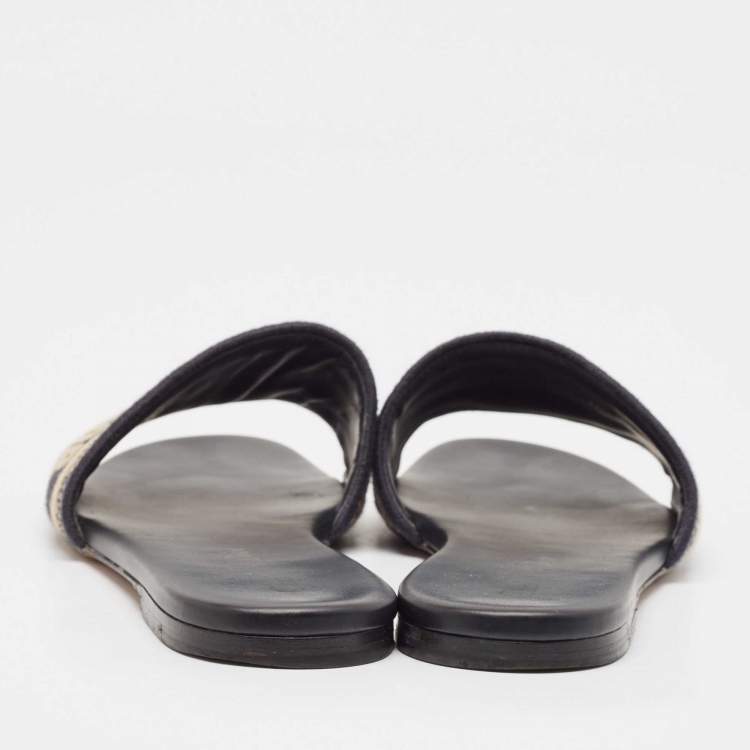 Pre Owned Dior Navy Blue/White Embroidered Canvas Dway Flat Slides Size 38