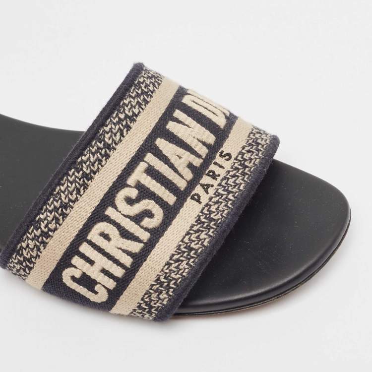 Pre Owned Dior Navy Blue/White Embroidered Canvas Dway Flat Slides Size 38