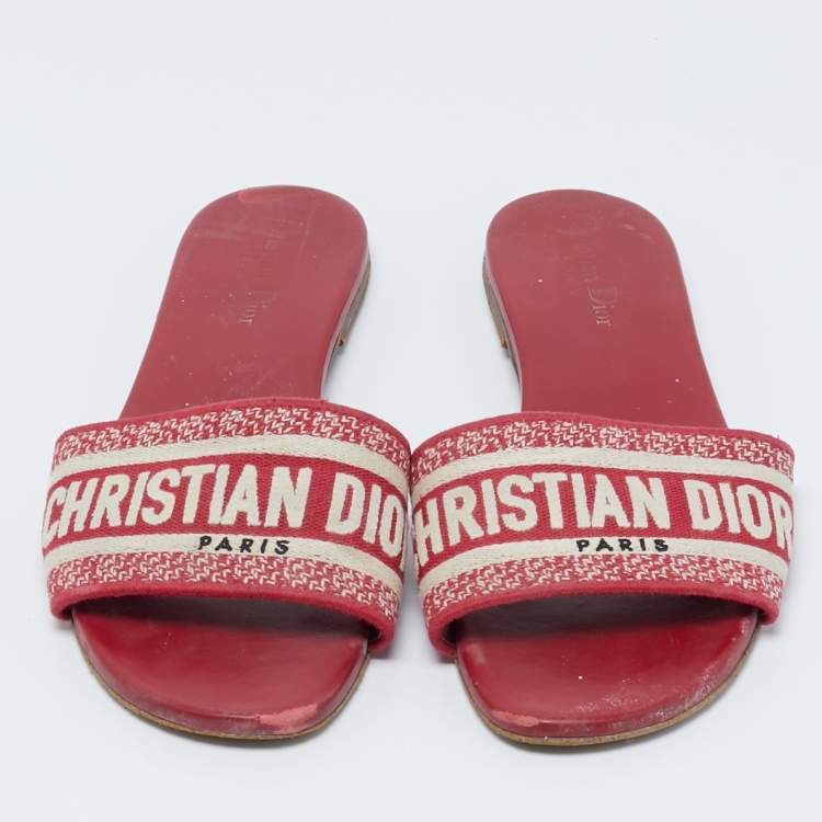 Pre Owned Dior Red Embroidered Logo Canvas Dway Flat Sandals Size 39.5