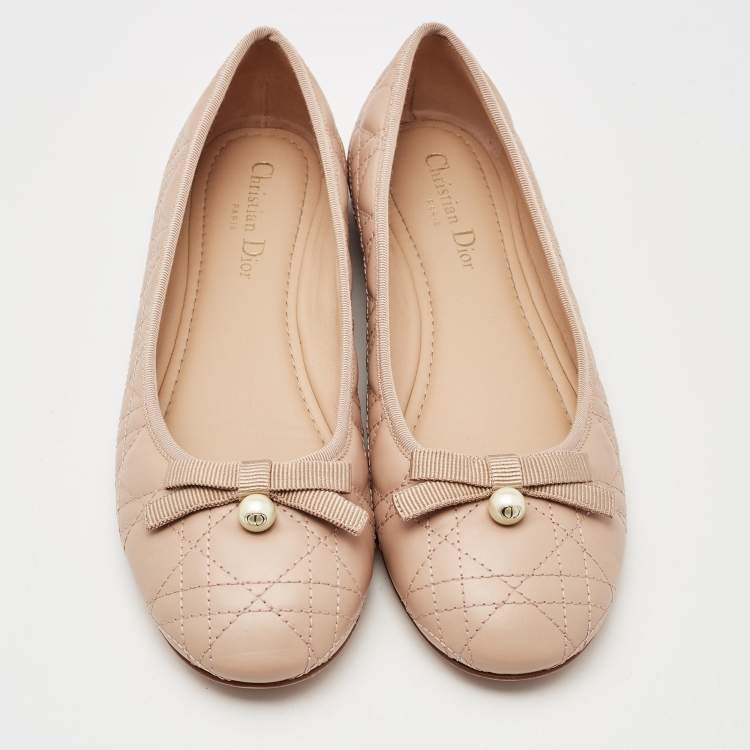 Pre Owned Dior Beige Cannage Leather Pearl Bow Ballet Flats Size 39.5