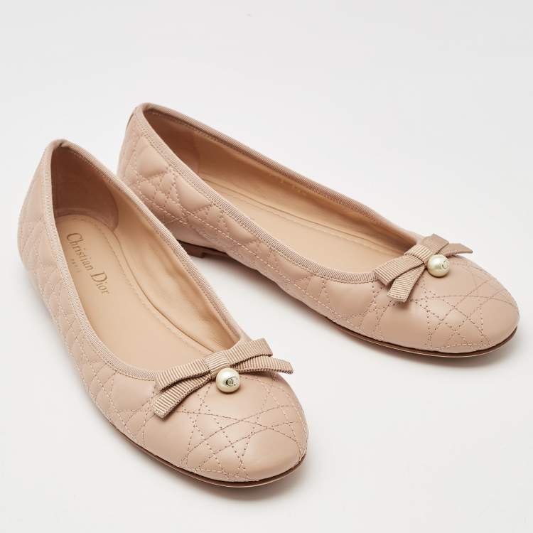 Pre Owned Dior Beige Cannage Leather Pearl Bow Ballet Flats Size 39.5