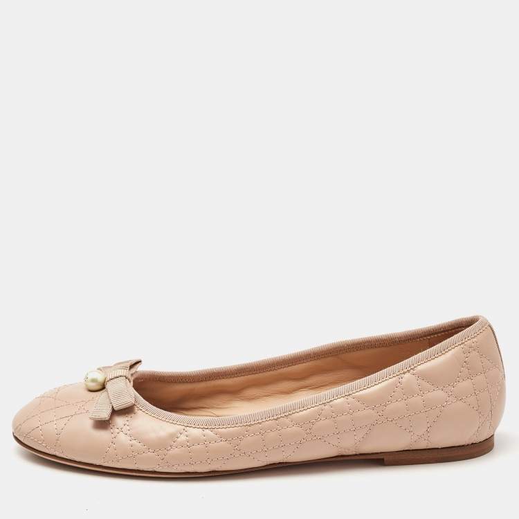 Pre Owned Dior Beige Cannage Leather Pearl Bow Ballet Flats Size 39.5