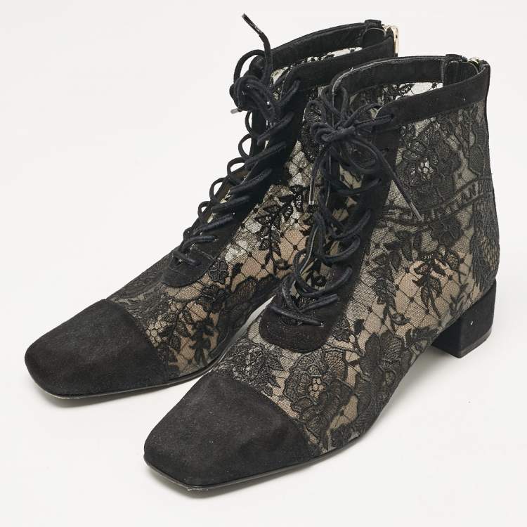 Pre Owned Dior Black Lace and Suede Naughtily D Ankle Boots Size 37
