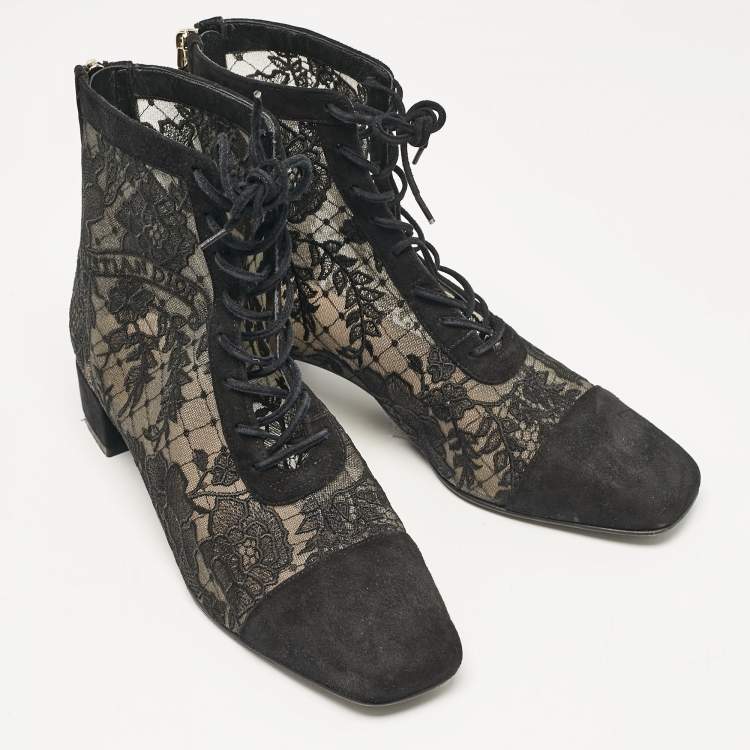Pre Owned Dior Black Lace and Suede Naughtily D Ankle Boots Size 37