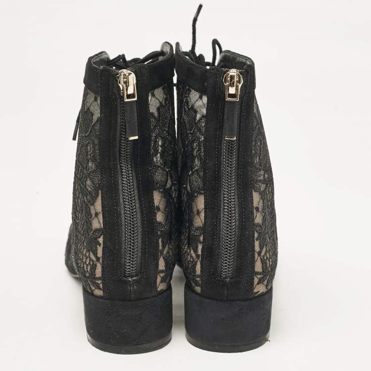 Pre Owned Dior Black Lace and Suede Naughtily D Ankle Boots Size 37