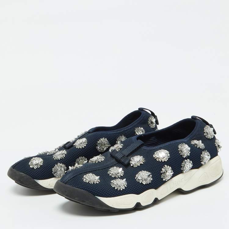 Pre Owned Dior Navy Blue Mesh Fusion Embellished Slip On Sneakers Size 39