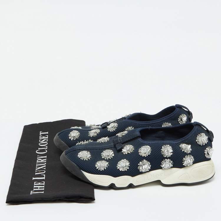 Pre Owned Dior Navy Blue Mesh Fusion Embellished Slip On Sneakers Size 39