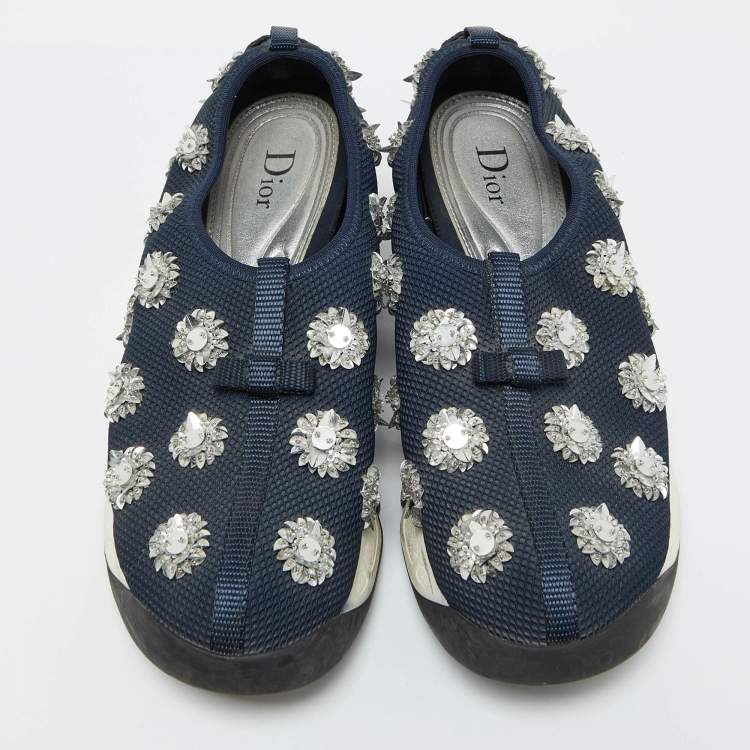 Pre Owned Dior Navy Blue Mesh Fusion Embellished Slip On Sneakers Size 39