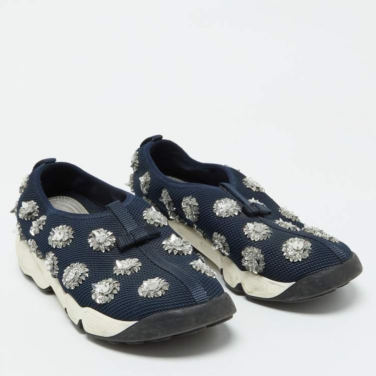 Pre Owned Dior Navy Blue Mesh Fusion Embellished Slip On Sneakers Size 39