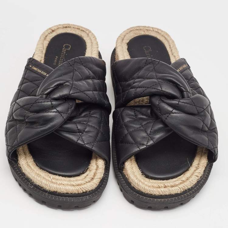 Pre Owned Dior Black Cannage Quilted Leather D-Twist Espadrille Flat Sandals Size 38