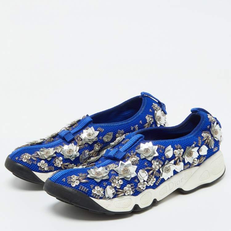 Pre Owned Dior Blue Mesh Embellished Fusion Slip On Sneakers Size 35
