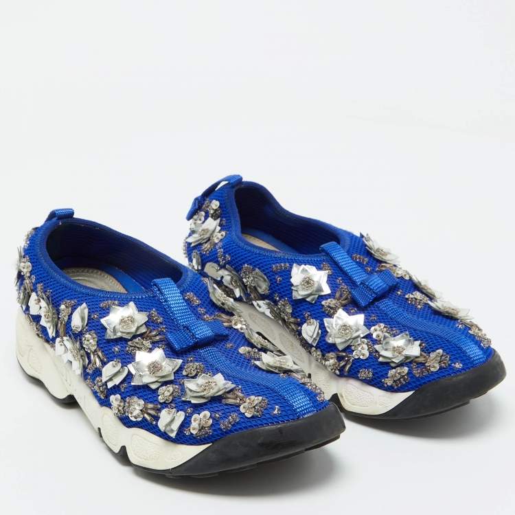 Pre Owned Dior Blue Mesh Embellished Fusion Slip On Sneakers Size 35