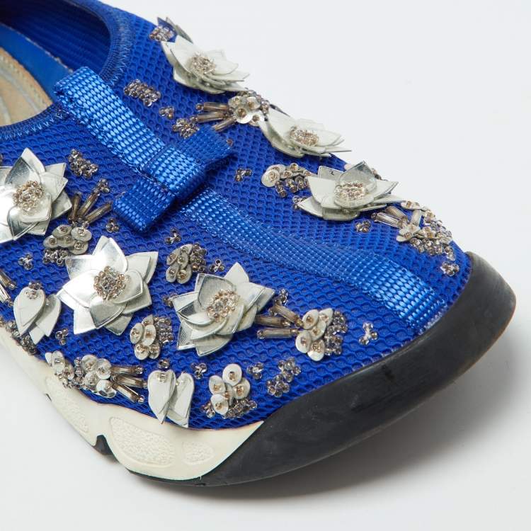 Pre Owned Dior Blue Mesh Embellished Fusion Slip On Sneakers Size 35