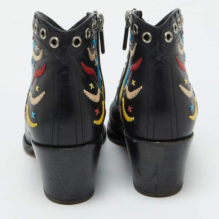 Pre Owned Dior Black Leather Embroidered Cowboy Ankle Length Boots Size 36.5