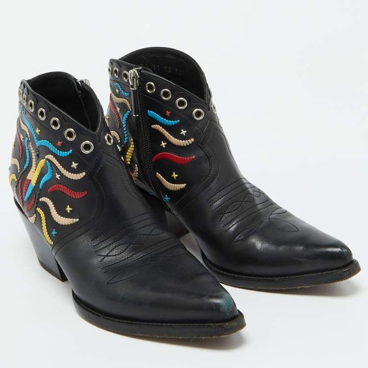 Pre Owned Dior Black Leather Embroidered Cowboy Ankle Length Boots Size 36.5