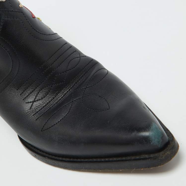Pre Owned Dior Black Leather Embroidered Cowboy Ankle Length Boots Size 36.5