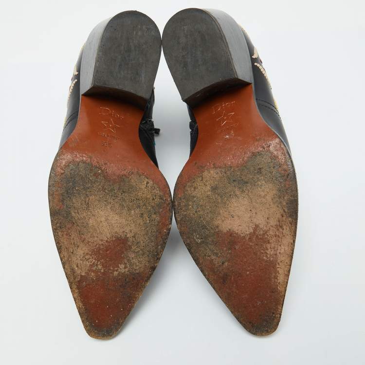 Pre Owned Dior Black Leather Embroidered Cowboy Ankle Length Boots Size 36.5