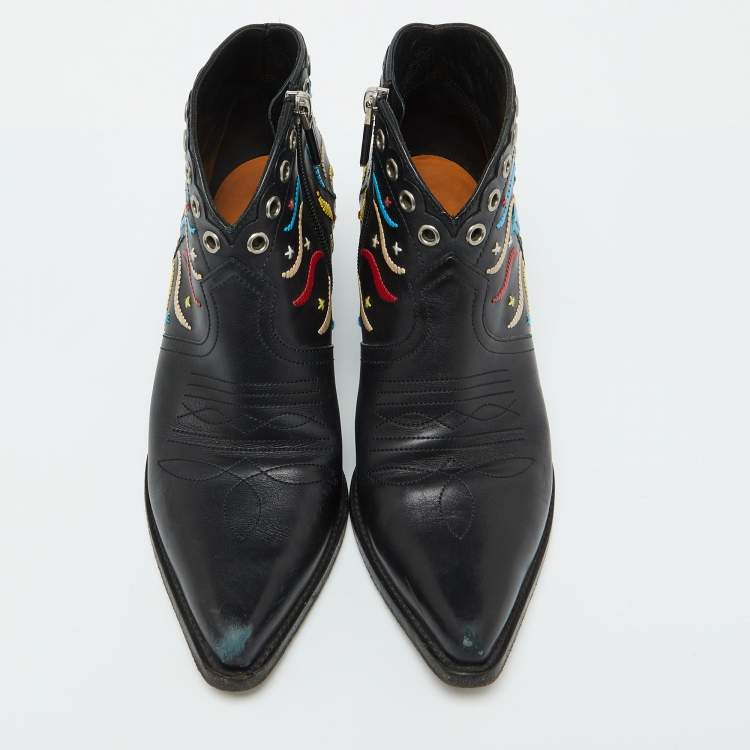 Pre Owned Dior Black Leather Embroidered Cowboy Ankle Length Boots Size 36.5