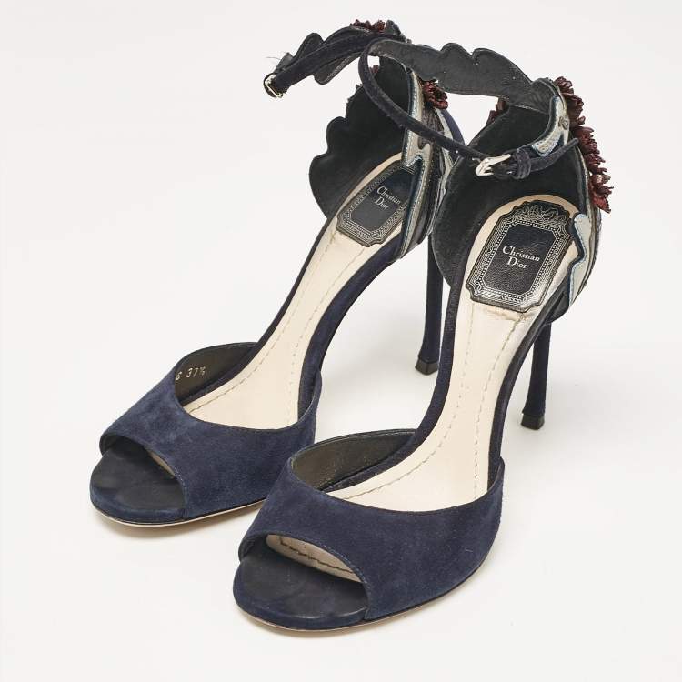 Pre Owned Dior Navy Blue Suede Ankle Strap Sandals Size 37.5