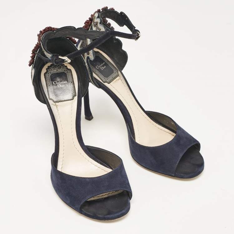 Pre Owned Dior Navy Blue Suede Ankle Strap Sandals Size 37.5