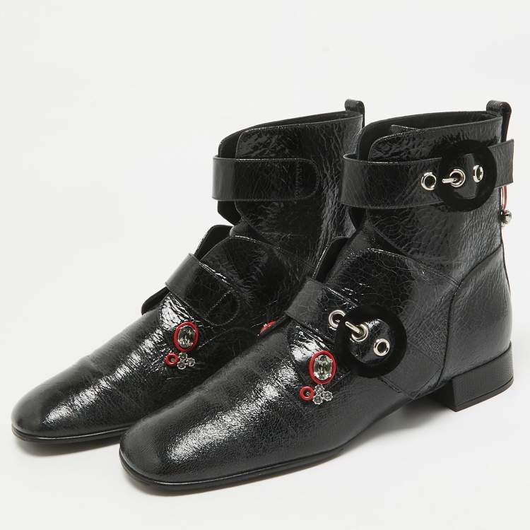 Pre Owned Dior Black Crack Leather Crystal Embellished Ankle Length Boots Size 40.5