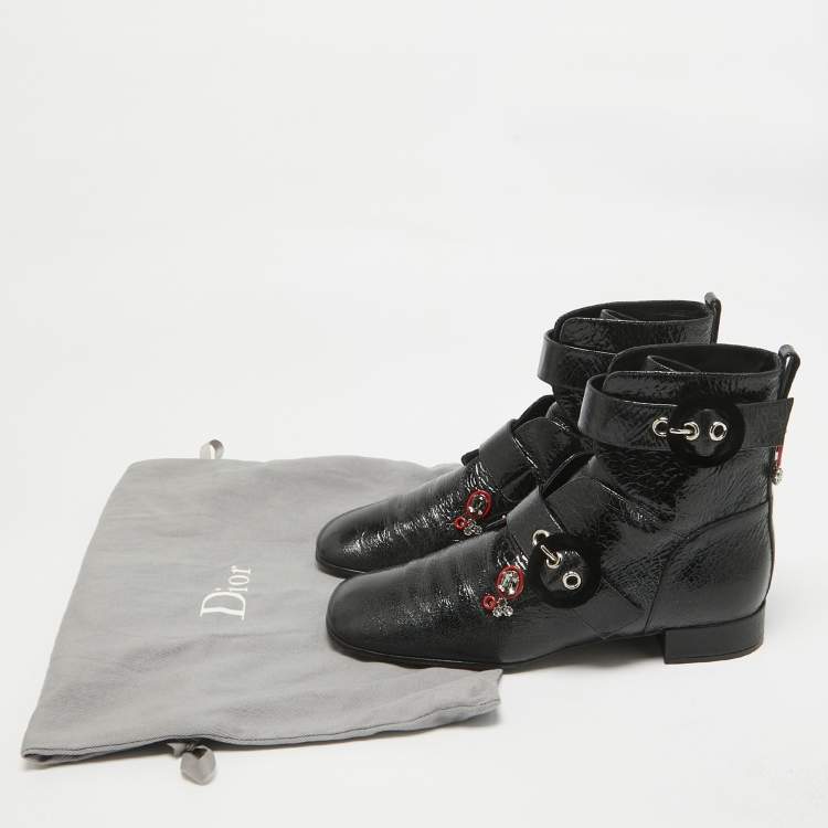 Pre Owned Dior Black Crack Leather Crystal Embellished Ankle Length Boots Size 40.5