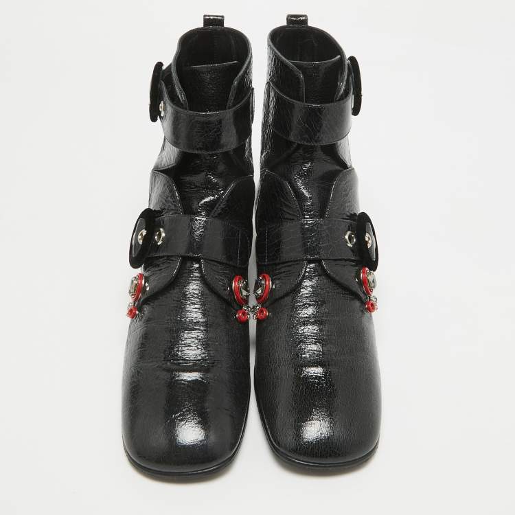 Pre Owned Dior Black Crack Leather Crystal Embellished Ankle Length Boots Size 40.5