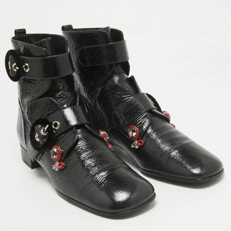 Pre Owned Dior Black Crack Leather Crystal Embellished Ankle Length Boots Size 40.5