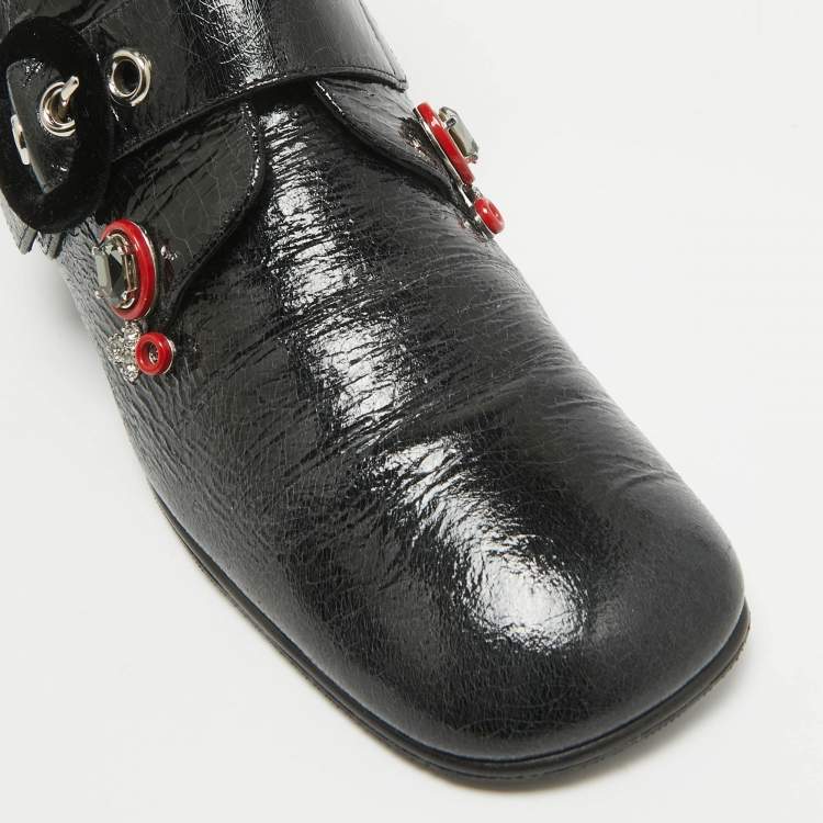 Pre Owned Dior Black Crack Leather Crystal Embellished Ankle Length Boots Size 40.5