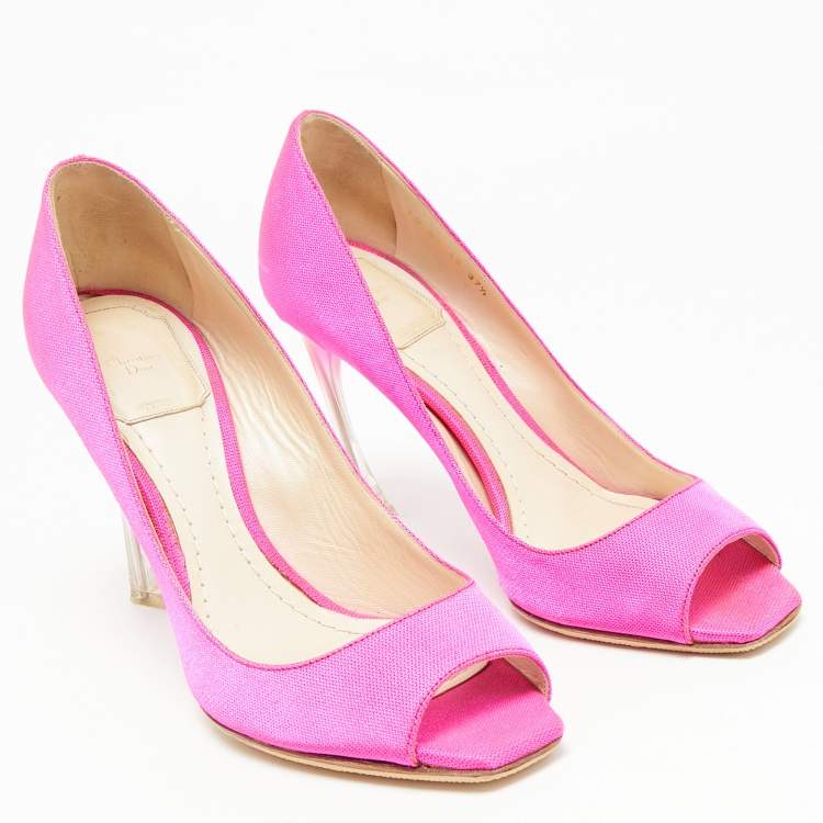 Pre Owned Dior Fuchsia Pink Canvas Flare Heel Peep Toe Pumps Size 37.5