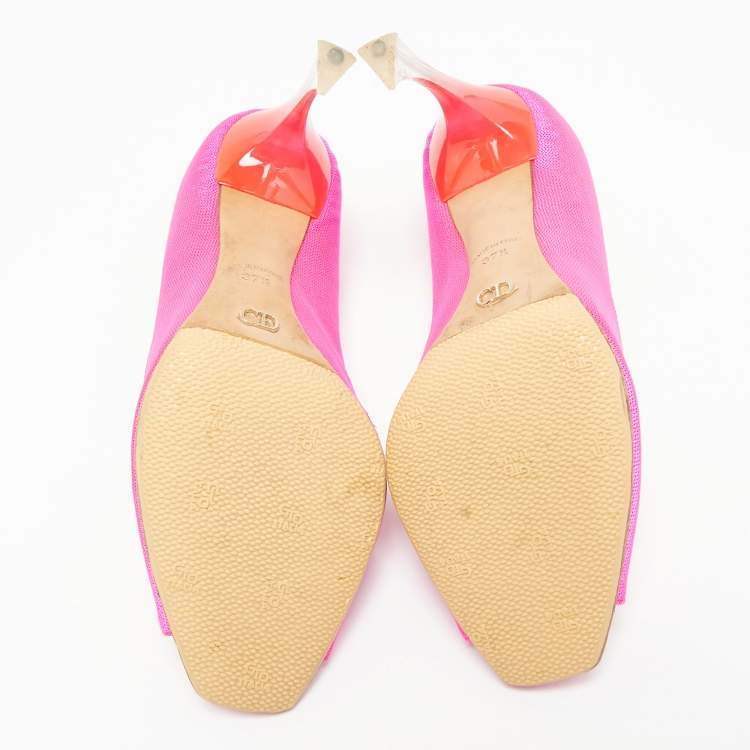 Pre Owned Dior Fuchsia Pink Canvas Flare Heel Peep Toe Pumps Size 37.5